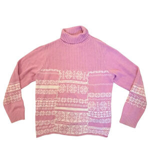 Vintage Sag Harbor Pink‎ White Knit Turtleneck Hearts Geometric Sweater Size XL